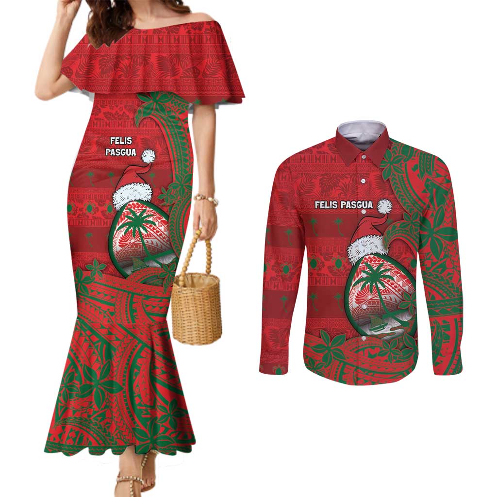 Guam Christmas Couples Matching Mermaid Dress and Long Sleeve Button Shirt Chamorro Seal Hat Santa Tribal Waves - Polynesian Pride