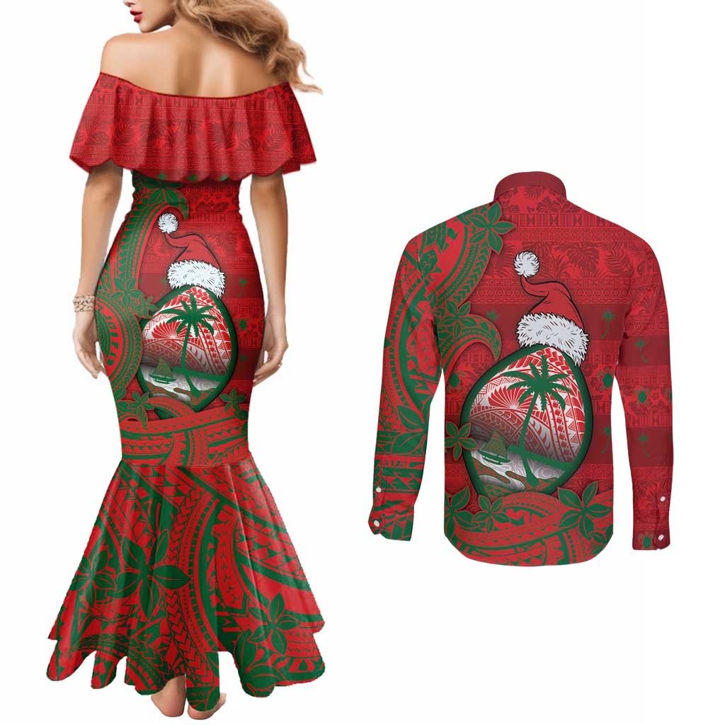 Guam Christmas Couples Matching Mermaid Dress and Long Sleeve Button Shirt Chamorro Seal Hat Santa Tribal Waves - Polynesian Pride
