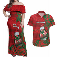 Guam Christmas Couples Matching Off Shoulder Maxi Dress and Hawaiian Shirt Chamorro Seal Hat Santa Tribal Waves - Polynesian Pride