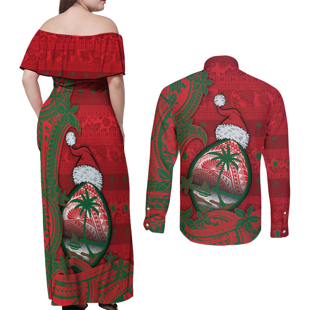 Guam Christmas Couples Matching Off Shoulder Maxi Dress and Long Sleeve Button Shirt Chamorro Seal Hat Santa Tribal Waves - Polynesian Pride