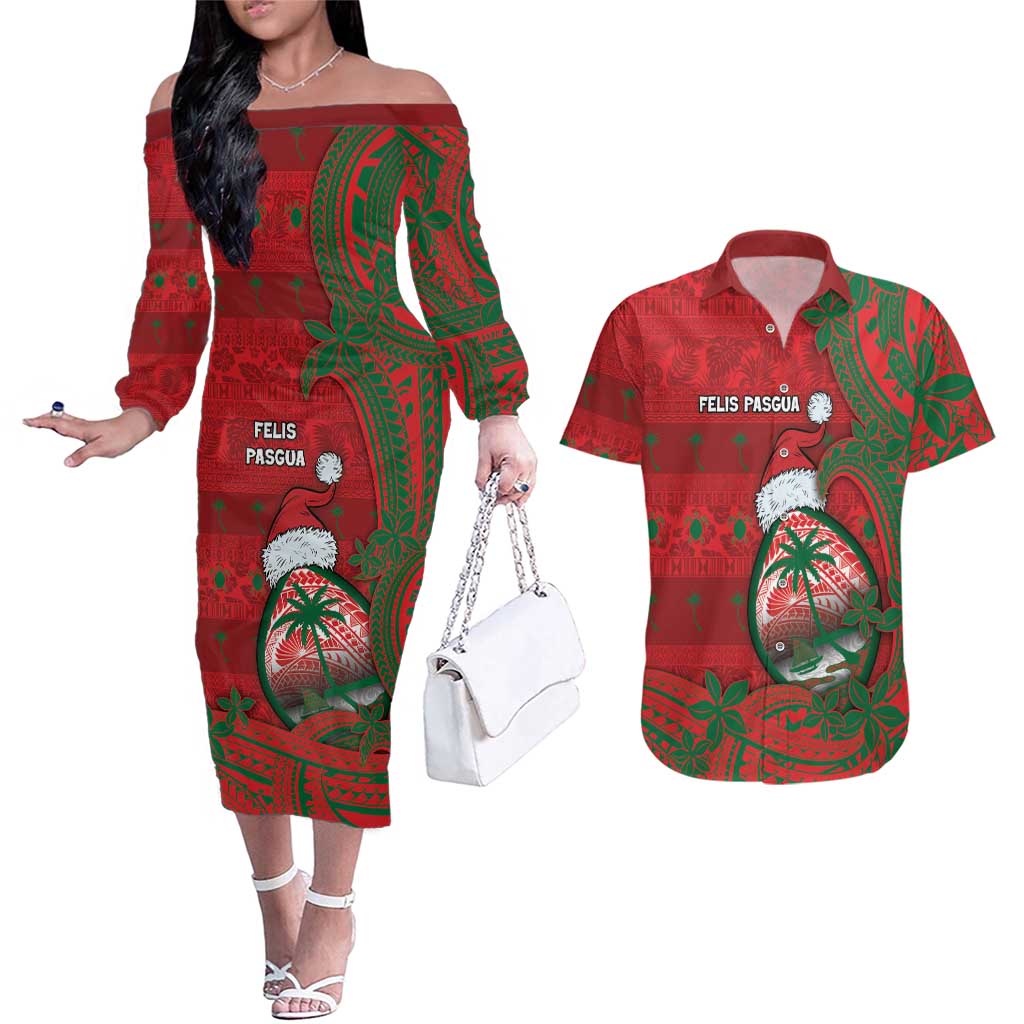 Guam Christmas Couples Matching Off The Shoulder Long Sleeve Dress and Hawaiian Shirt Chamorro Seal Hat Santa Tribal Waves DT05 Red - Polynesian Pride
