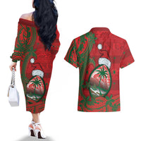 Guam Christmas Couples Matching Off The Shoulder Long Sleeve Dress and Hawaiian Shirt Chamorro Seal Hat Santa Tribal Waves DT05 - Polynesian Pride