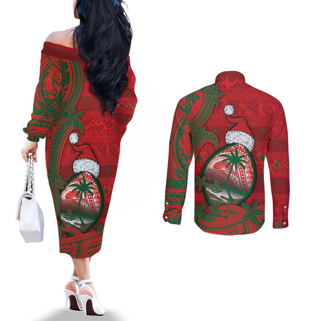 Guam Christmas Couples Matching Off The Shoulder Long Sleeve Dress and Long Sleeve Button Shirt Chamorro Seal Hat Santa Tribal Waves - Polynesian Pride