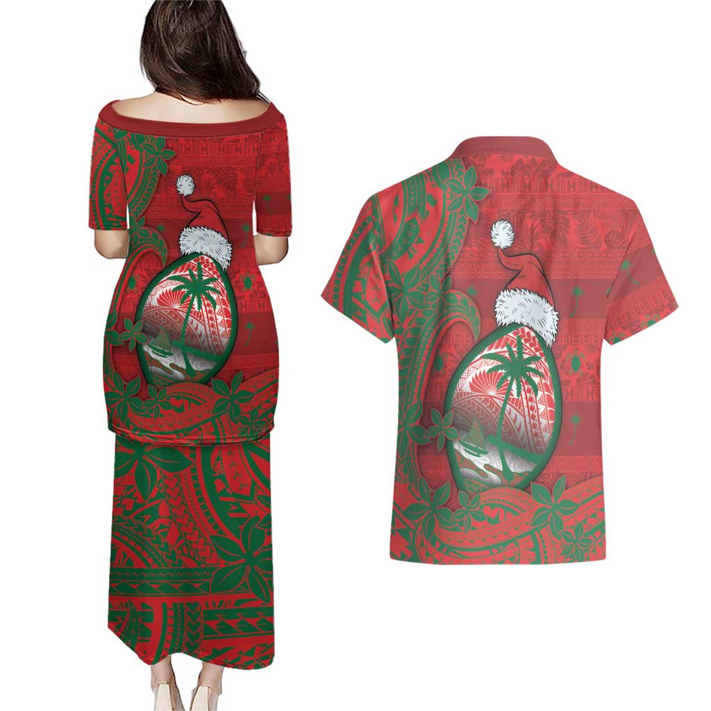 Guam Christmas Couples Matching Puletasi and Hawaiian Shirt Chamorro Seal Hat Santa Tribal Waves - Polynesian Pride