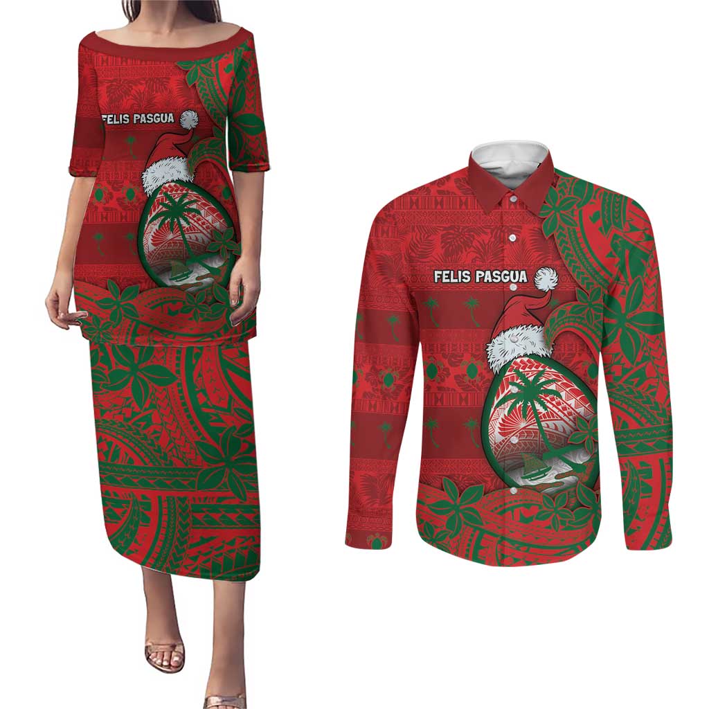 Guam Christmas Couples Matching Puletasi and Long Sleeve Button Shirt Chamorro Seal Hat Santa Tribal Waves - Polynesian Pride