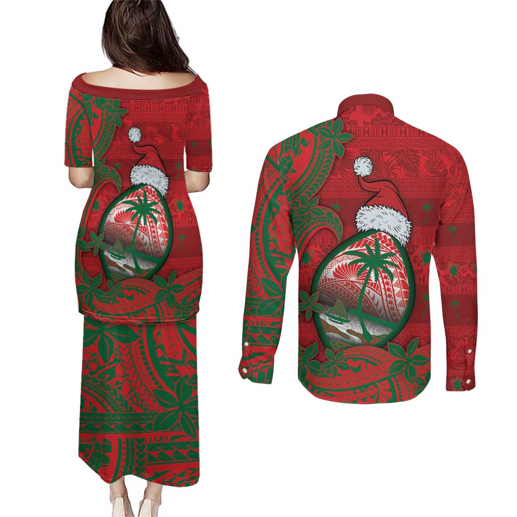 Guam Christmas Couples Matching Puletasi and Long Sleeve Button Shirt Chamorro Seal Hat Santa Tribal Waves - Polynesian Pride