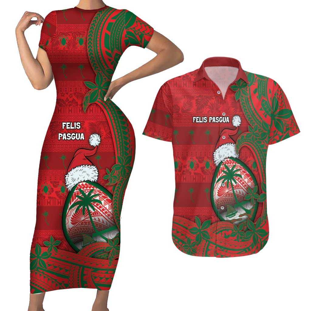 Guam Christmas Couples Matching Short Sleeve Bodycon Dress and Hawaiian Shirt Chamorro Seal Hat Santa Tribal Waves DT05 Red - Polynesian Pride