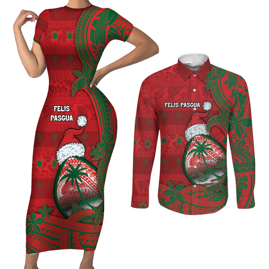 Guam Christmas Couples Matching Short Sleeve Bodycon Dress and Long Sleeve Button Shirt Chamorro Seal Hat Santa Tribal Waves - Polynesian Pride
