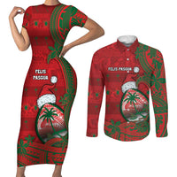 Guam Christmas Couples Matching Short Sleeve Bodycon Dress and Long Sleeve Button Shirt Chamorro Seal Hat Santa Tribal Waves - Polynesian Pride