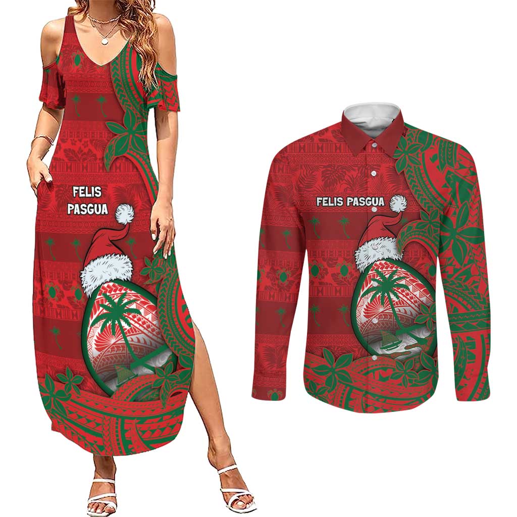 Guam Christmas Couples Matching Summer Maxi Dress and Long Sleeve Button Shirt Chamorro Seal Hat Santa Tribal Waves - Polynesian Pride