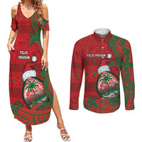 Guam Christmas Couples Matching Summer Maxi Dress and Long Sleeve Button Shirt Chamorro Seal Hat Santa Tribal Waves - Polynesian Pride