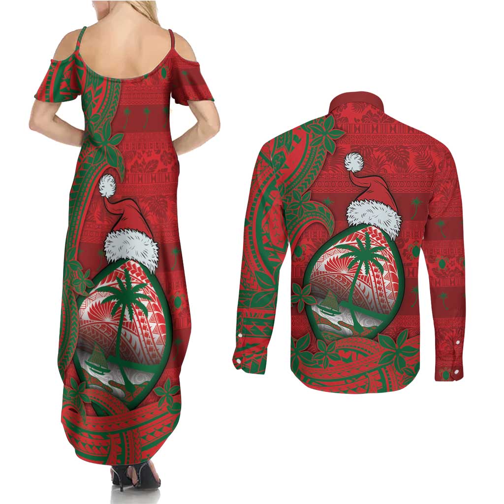 Guam Christmas Couples Matching Summer Maxi Dress and Long Sleeve Button Shirt Chamorro Seal Hat Santa Tribal Waves - Polynesian Pride