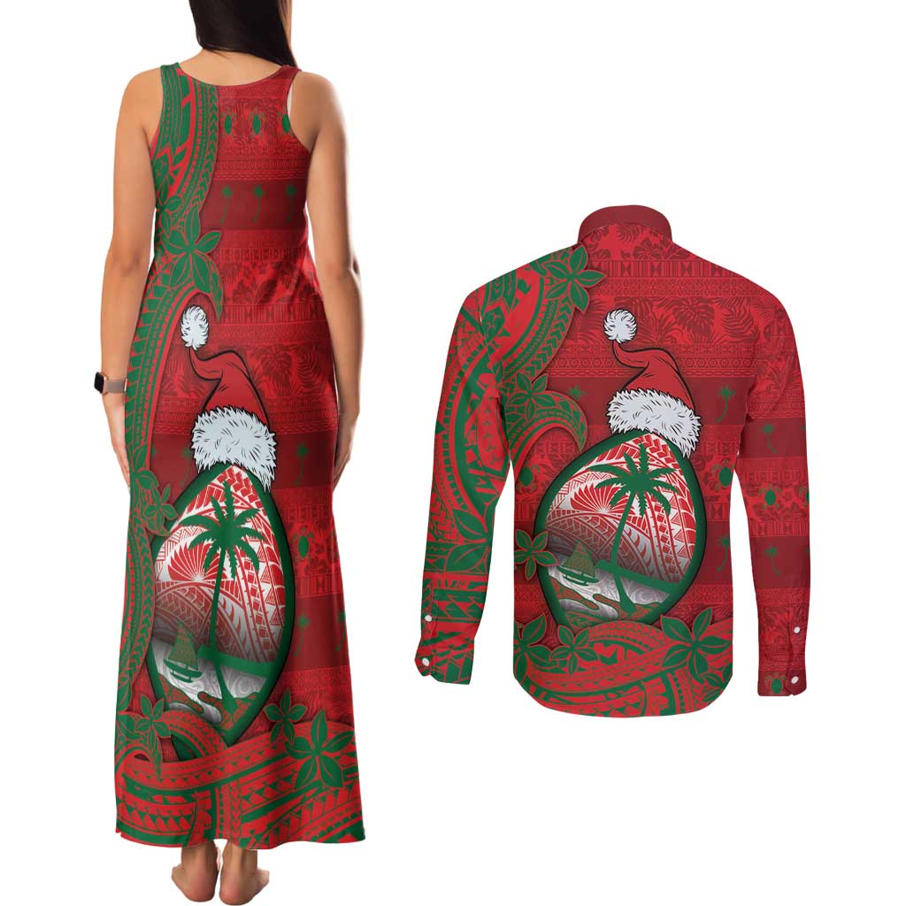 Guam Christmas Couples Matching Tank Maxi Dress and Long Sleeve Button Shirt Chamorro Seal Hat Santa Tribal Waves - Polynesian Pride