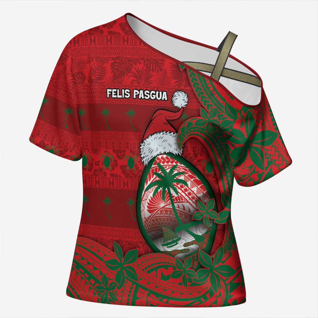 Guam Christmas Cross Shoulder Shirt Chamorro Seal Hat Santa Tribal Waves - Polynesian Pride