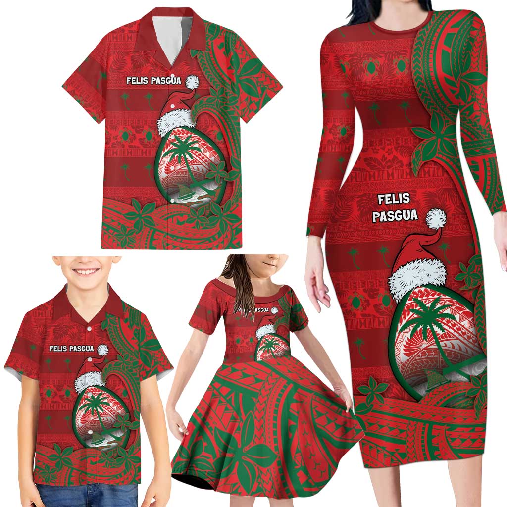 Guam Christmas Family Matching Long Sleeve Bodycon Dress and Hawaiian Shirt Chamorro Seal Hat Santa Tribal Waves DT05 - Polynesian Pride