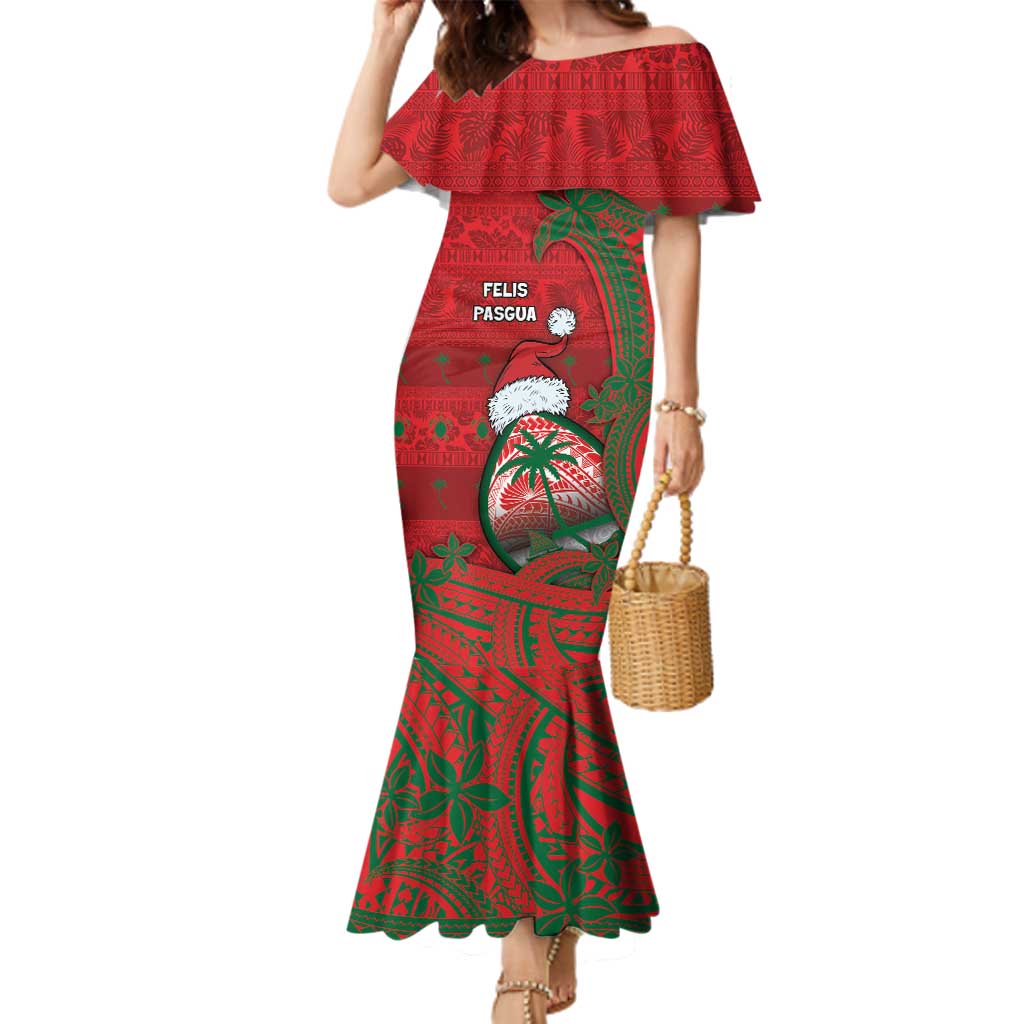 Guam Christmas Family Matching Mermaid Dress and Hawaiian Shirt Chamorro Seal Hat Santa Tribal Waves DT05 Mom's Dress Red - Polynesian Pride
