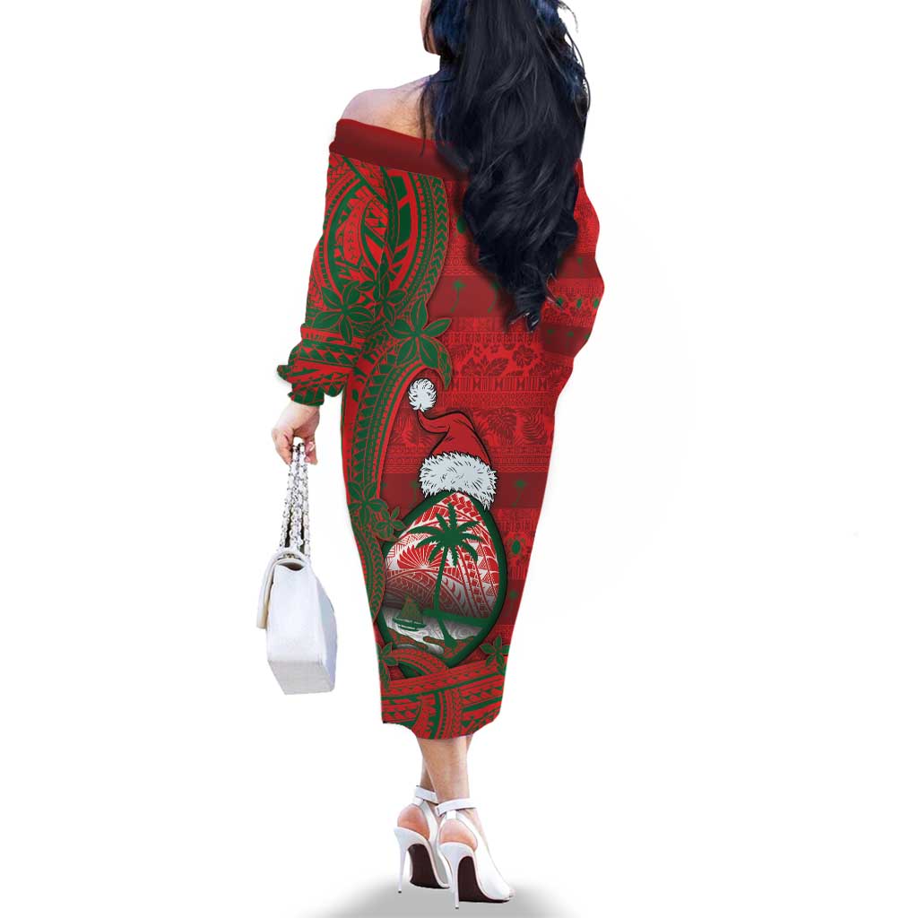 Guam Christmas Family Matching Off The Shoulder Long Sleeve Dress and Hawaiian Shirt Chamorro Seal Hat Santa Tribal Waves DT05 - Polynesian Pride