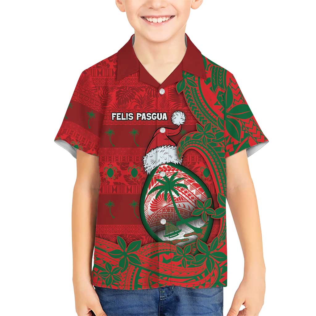 Guam Christmas Family Matching Off The Shoulder Long Sleeve Dress and Hawaiian Shirt Chamorro Seal Hat Santa Tribal Waves DT05 Son's Shirt Red - Polynesian Pride