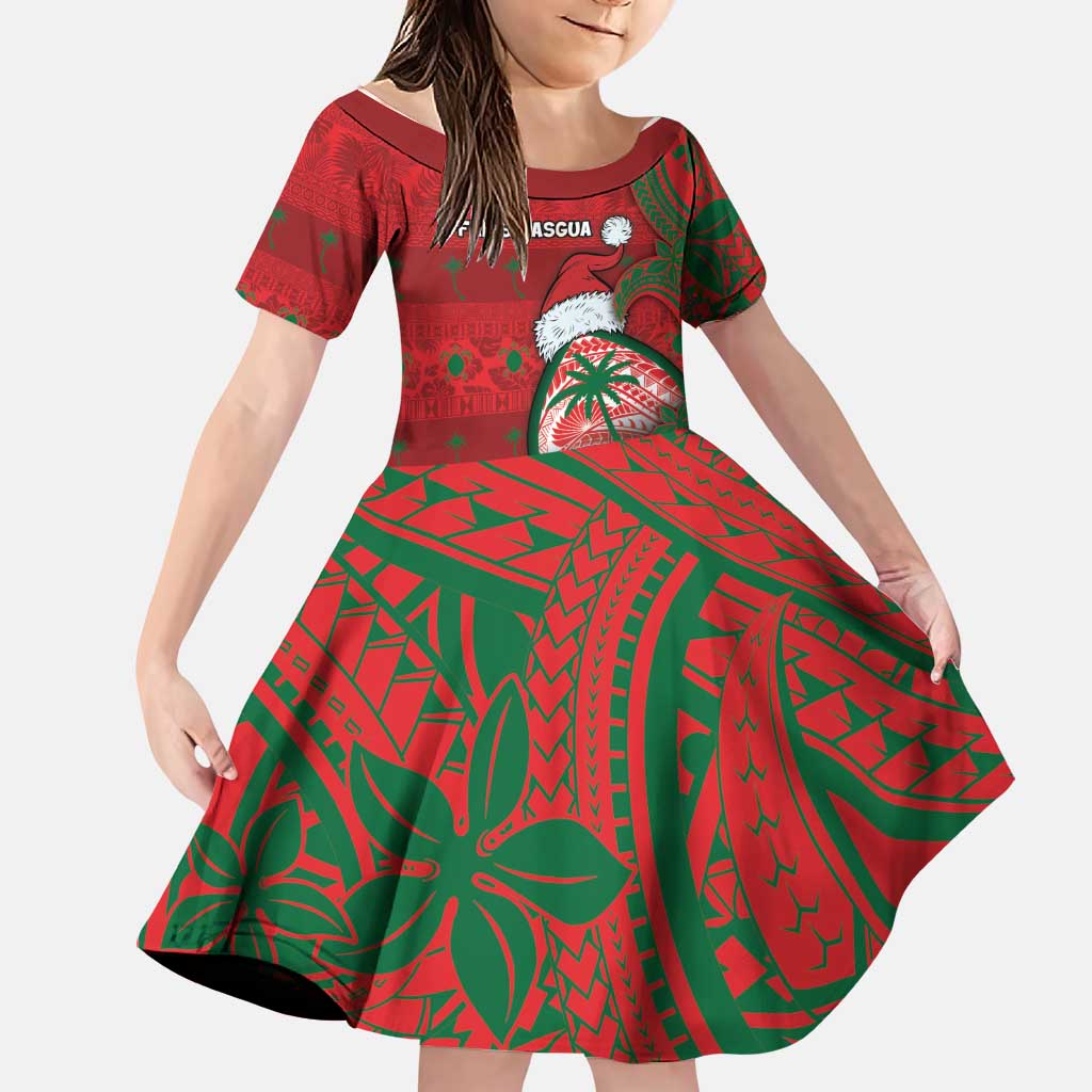 Guam Christmas Family Matching Off Shoulder Maxi Dress and Hawaiian Shirt Chamorro Seal Hat Santa Tribal Waves DT05 Daughter's Dress Red - Polynesian Pride