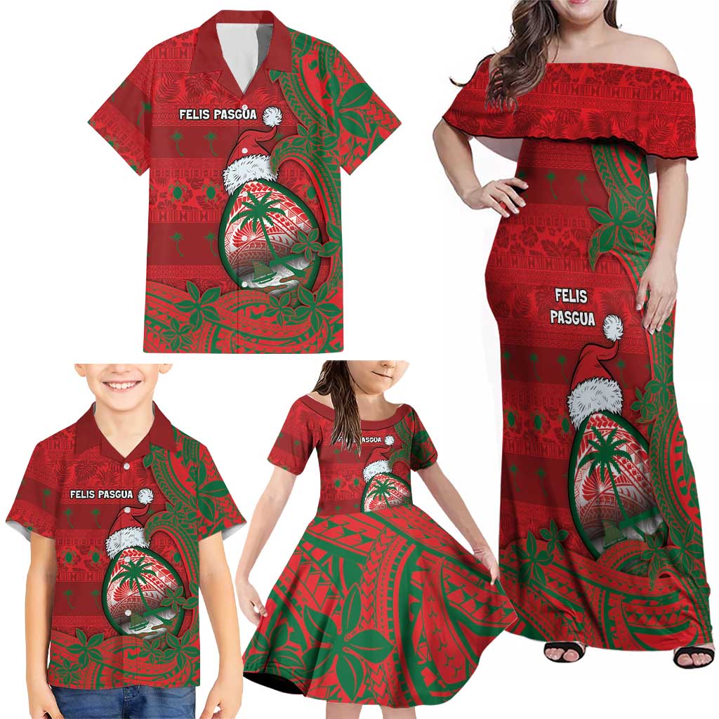 Guam Christmas Family Matching Off Shoulder Maxi Dress and Hawaiian Shirt Chamorro Seal Hat Santa Tribal Waves - Polynesian Pride
