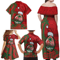 Guam Christmas Family Matching Off Shoulder Maxi Dress and Hawaiian Shirt Chamorro Seal Hat Santa Tribal Waves DT05 - Polynesian Pride