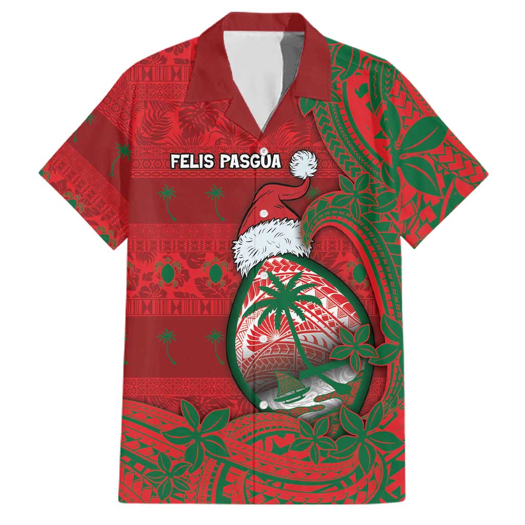 Guam Christmas Family Matching Off Shoulder Maxi Dress and Hawaiian Shirt Chamorro Seal Hat Santa Tribal Waves DT05 Dad's Shirt - Short Sleeve Red - Polynesian Pride