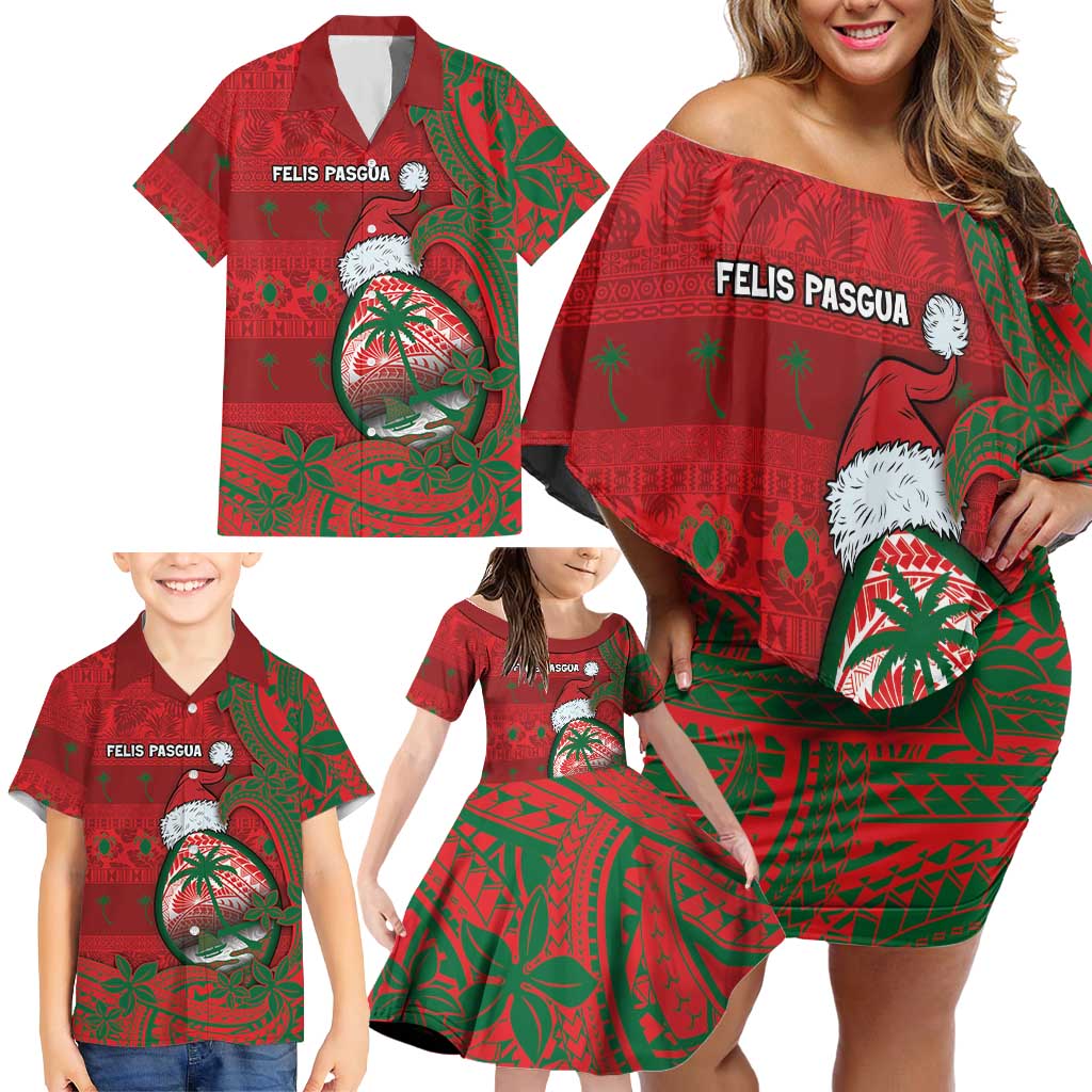 Guam Christmas Family Matching Off Shoulder Short Dress and Hawaiian Shirt Chamorro Seal Hat Santa Tribal Waves - Polynesian Pride