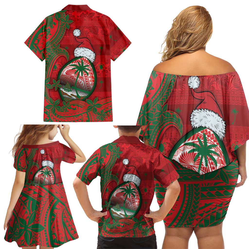Guam Christmas Family Matching Off Shoulder Short Dress and Hawaiian Shirt Chamorro Seal Hat Santa Tribal Waves DT05 - Polynesian Pride
