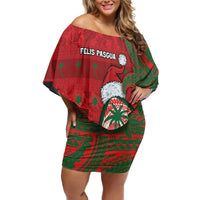 Guam Christmas Family Matching Off Shoulder Short Dress and Hawaiian Shirt Chamorro Seal Hat Santa Tribal Waves DT05 Mom's Dress Red - Polynesian Pride