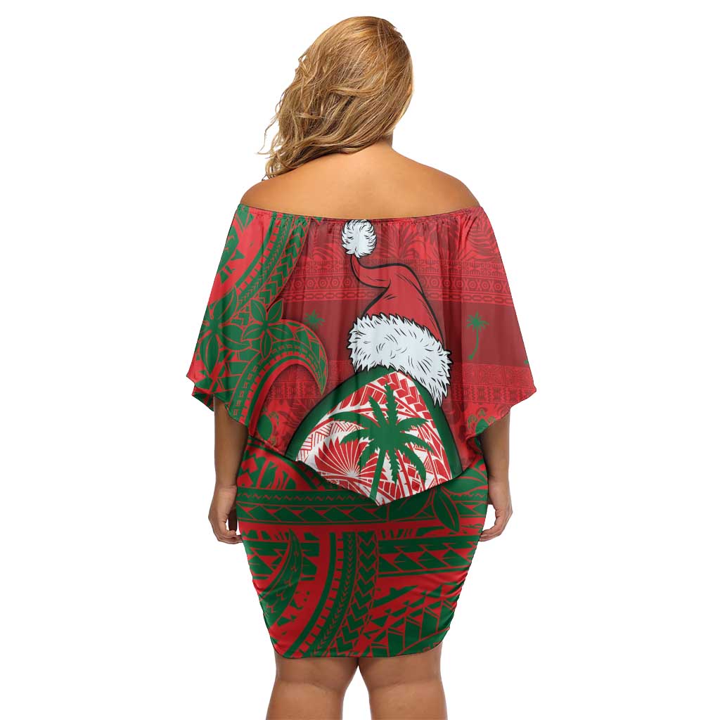 Guam Christmas Family Matching Off Shoulder Short Dress and Hawaiian Shirt Chamorro Seal Hat Santa Tribal Waves DT05 - Polynesian Pride
