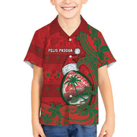 Guam Christmas Family Matching Off Shoulder Short Dress and Hawaiian Shirt Chamorro Seal Hat Santa Tribal Waves DT05 Son's Shirt Red - Polynesian Pride