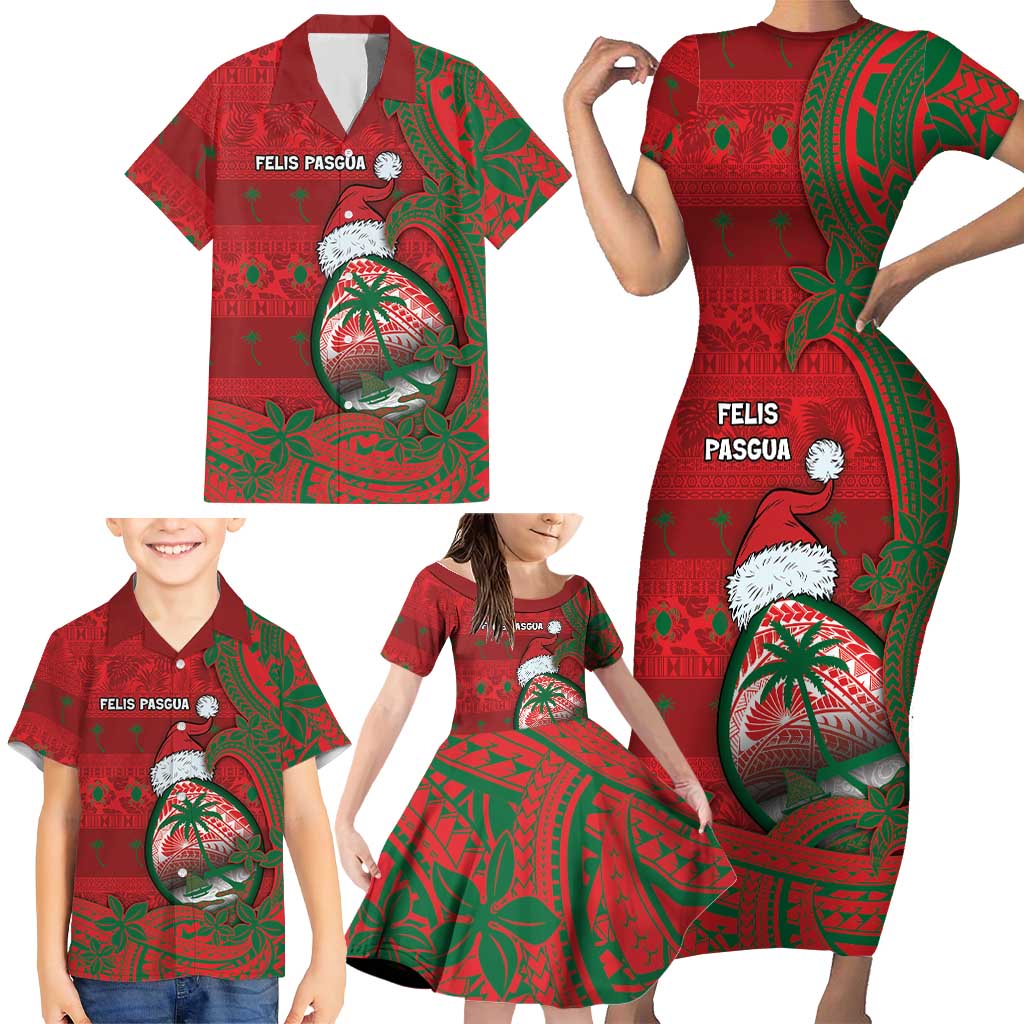 Guam Christmas Family Matching Short Sleeve Bodycon Dress and Hawaiian Shirt Chamorro Seal Hat Santa Tribal Waves - Polynesian Pride