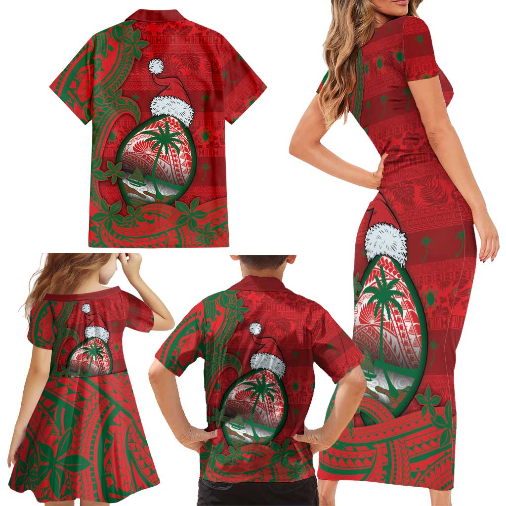 Guam Christmas Family Matching Short Sleeve Bodycon Dress and Hawaiian Shirt Chamorro Seal Hat Santa Tribal Waves DT05 - Polynesian Pride