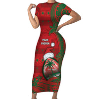 Guam Christmas Family Matching Short Sleeve Bodycon Dress and Hawaiian Shirt Chamorro Seal Hat Santa Tribal Waves DT05 Mom's Dress Red - Polynesian Pride