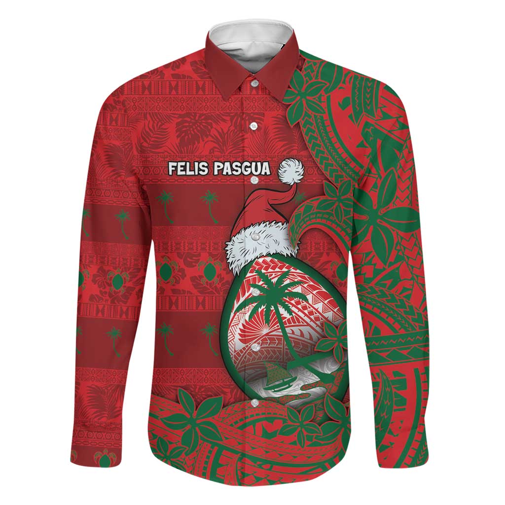 Guam Christmas Family Matching Summer Maxi Dress and Hawaiian Shirt Chamorro Seal Hat Santa Tribal Waves DT05 Dad's Shirt - Long Sleeve Red - Polynesian Pride