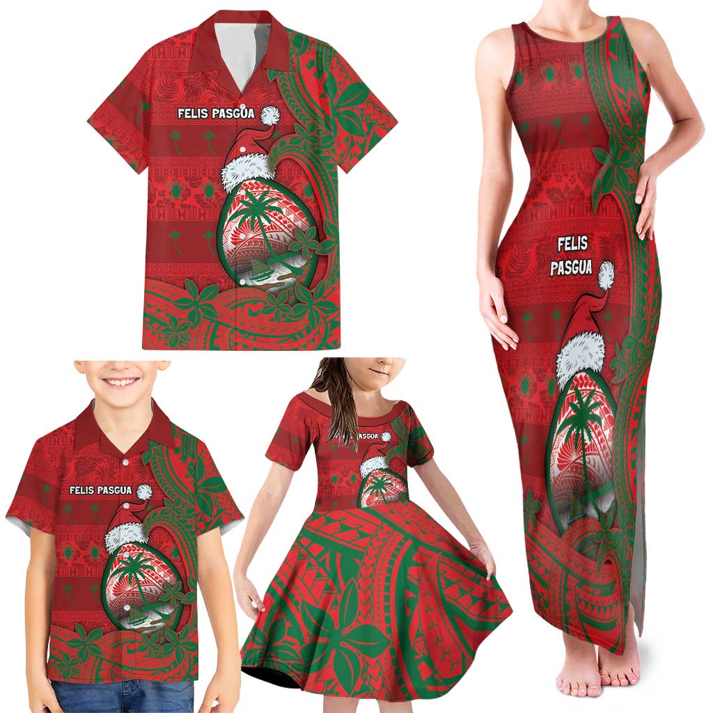 Guam Christmas Family Matching Tank Maxi Dress and Hawaiian Shirt Chamorro Seal Hat Santa Tribal Waves - Polynesian Pride