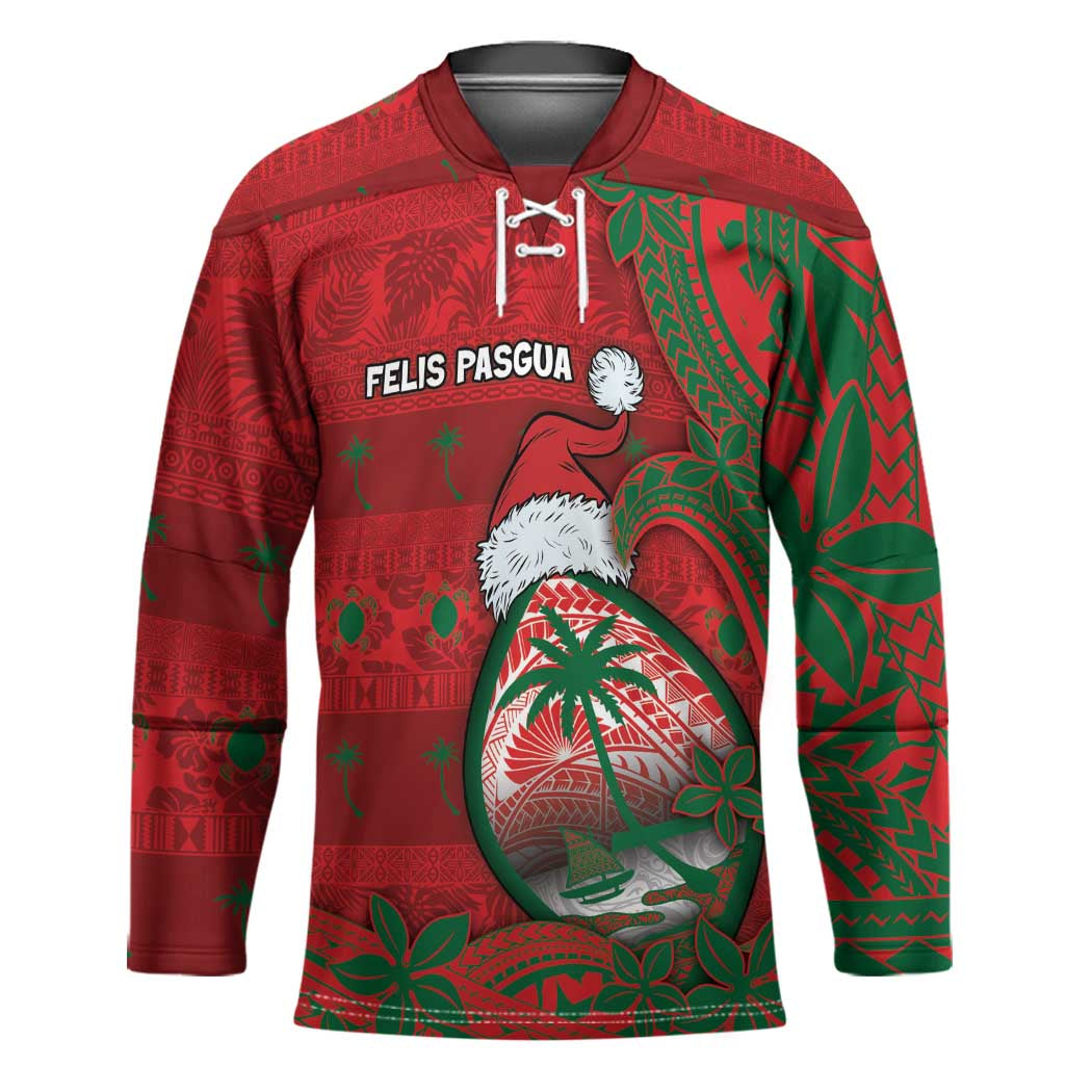 Guam Christmas Hockey Jersey Chamorro Seal Hat Santa Tribal Waves DT05 Unisex Red - Polynesian Pride