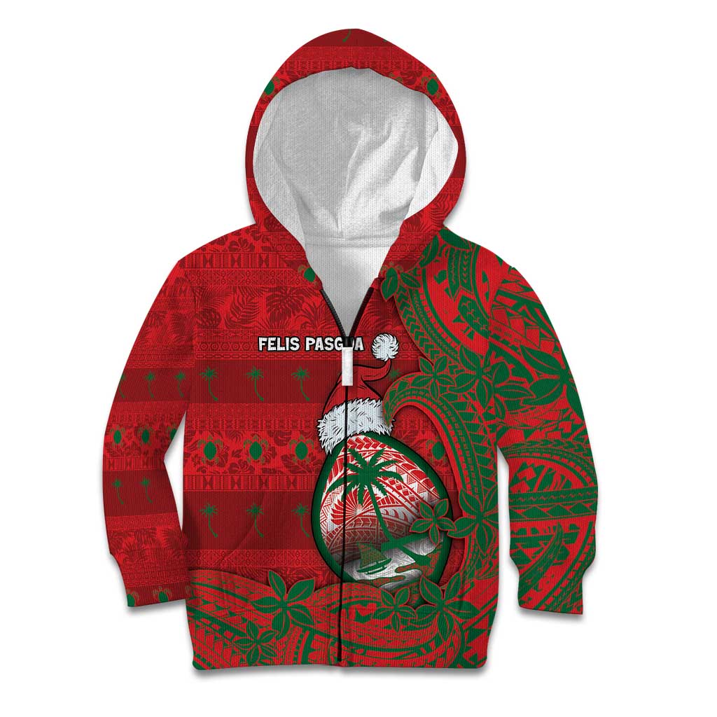 Guam Christmas Kid Hoodie Chamorro Seal Hat Santa Tribal Waves DT05 Zip Hoodie Red - Polynesian Pride