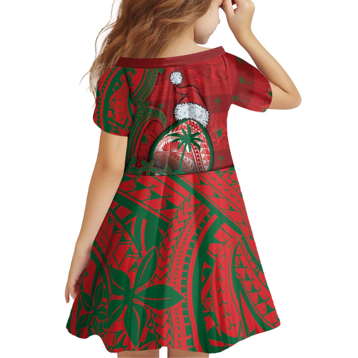Guam Christmas Kid Short Sleeve Dress Chamorro Seal Hat Santa Tribal Waves - Polynesian Pride
