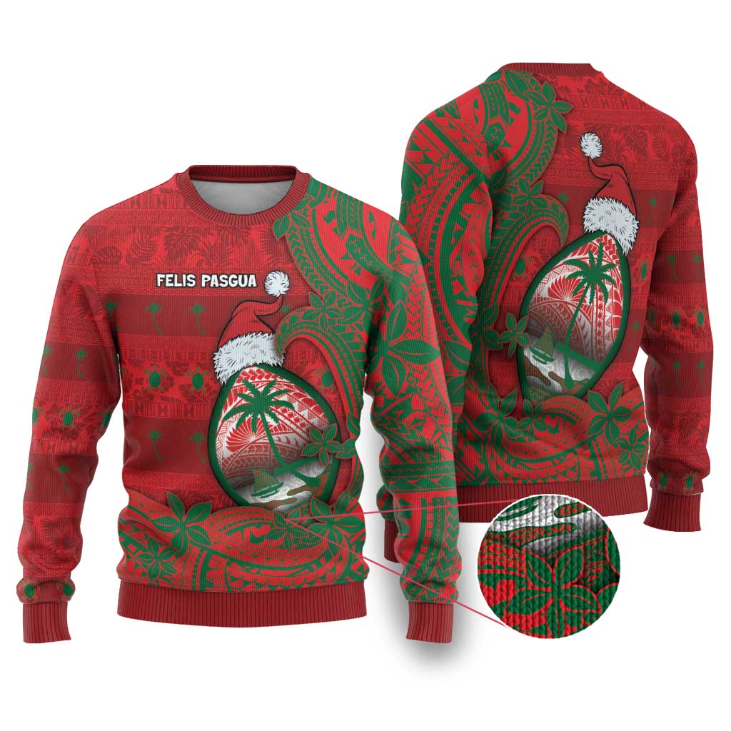 Guam Christmas Ugly Christmas Sweater Chamorro Seal Hat Santa Tribal Waves - Polynesian Pride