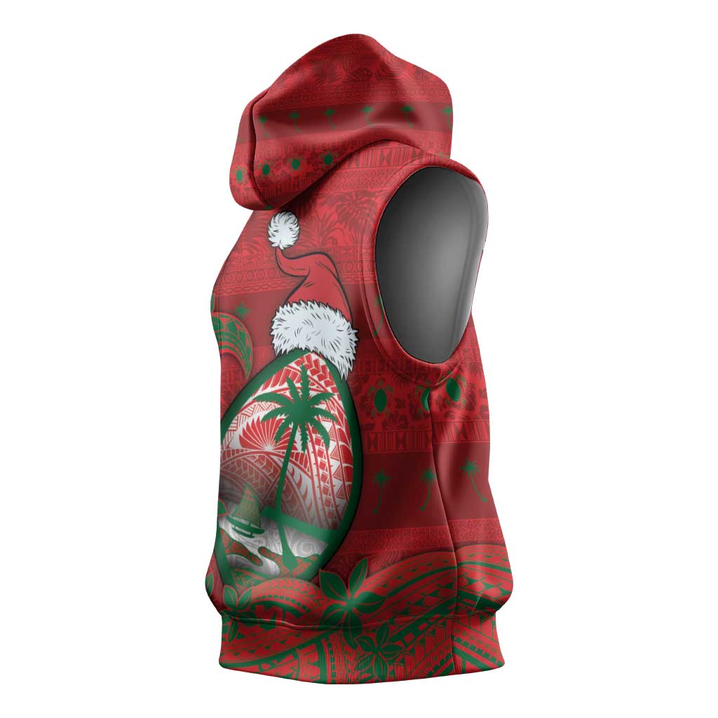 Guam Christmas Sleeveless Hoodie Chamorro Seal Hat Santa Tribal Waves - Polynesian Pride