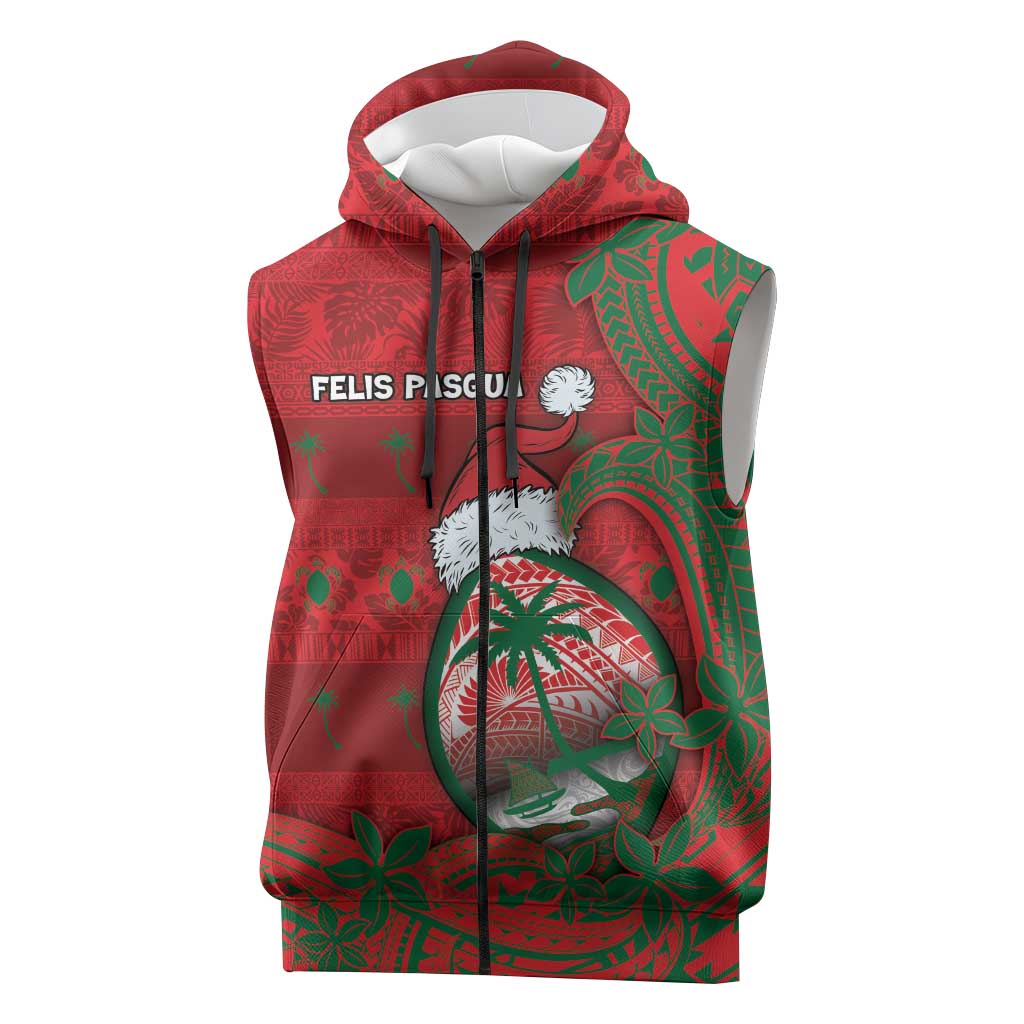 Guam Christmas Sleeveless Zip Hoodie Chamorro Seal Hat Santa Tribal Waves - Polynesian Pride