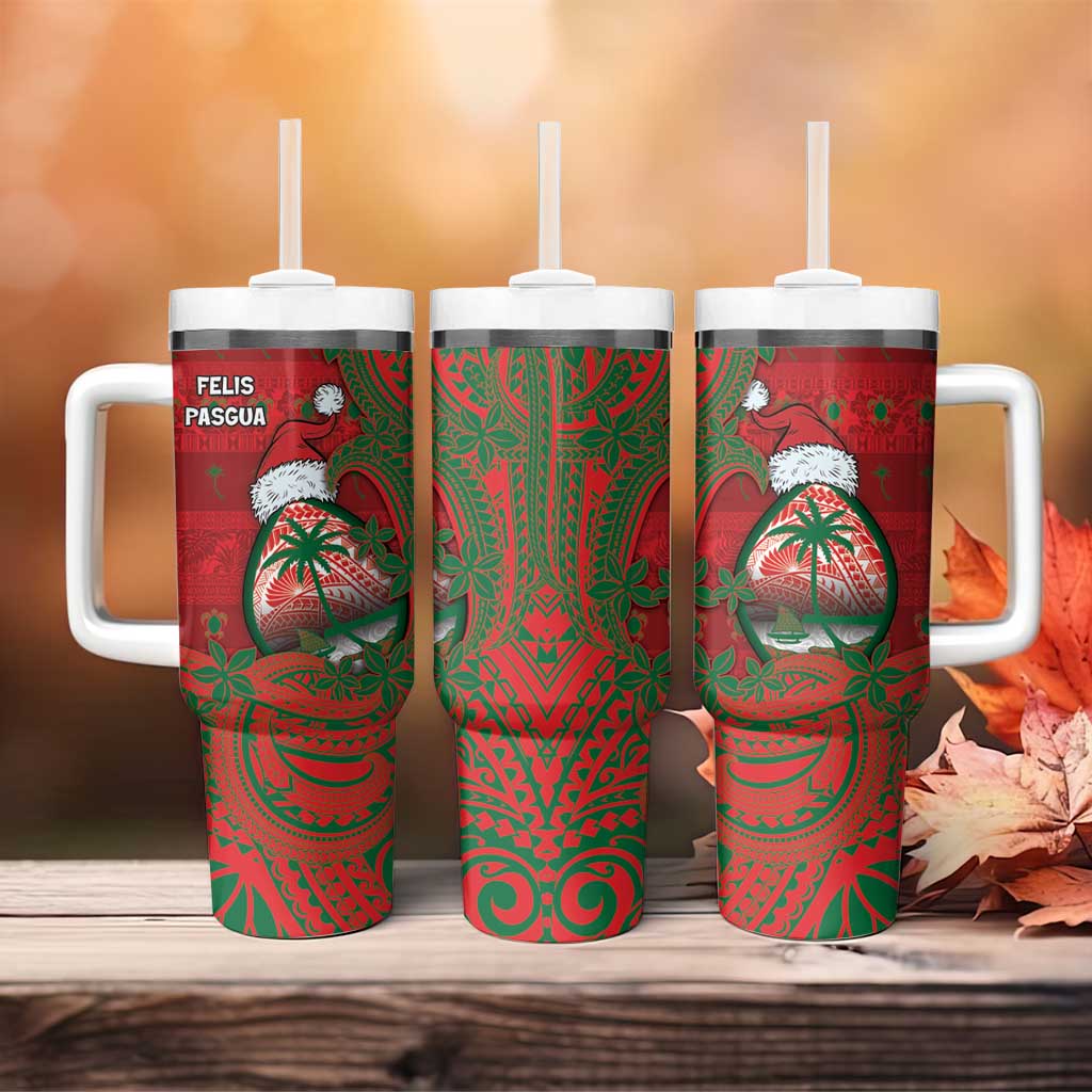 Guam Christmas Tumbler With Handle Chamorro Seal Hat Santa Tribal Waves - Polynesian Pride