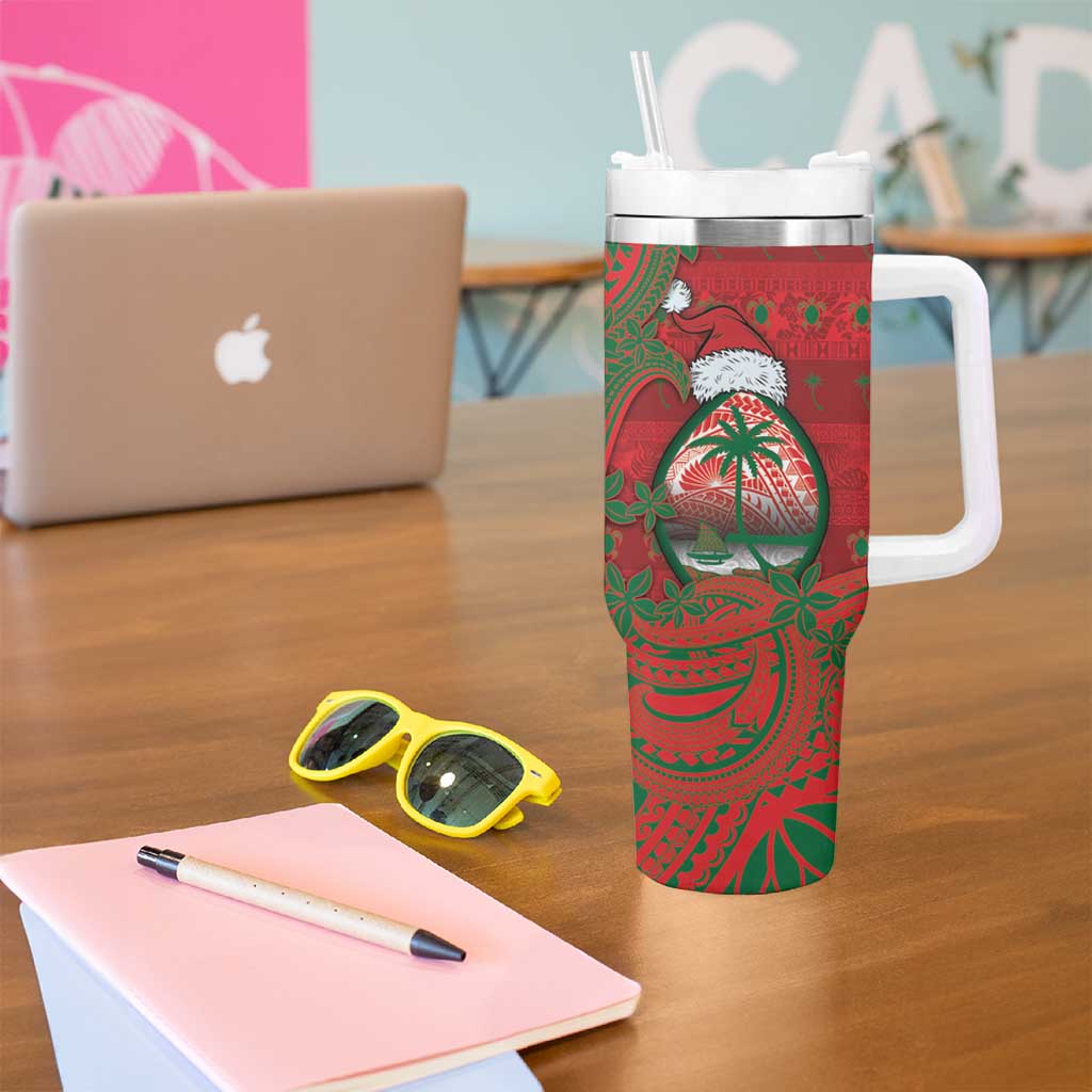 Guam Christmas Tumbler With Handle Chamorro Seal Hat Santa Tribal Waves - Polynesian Pride