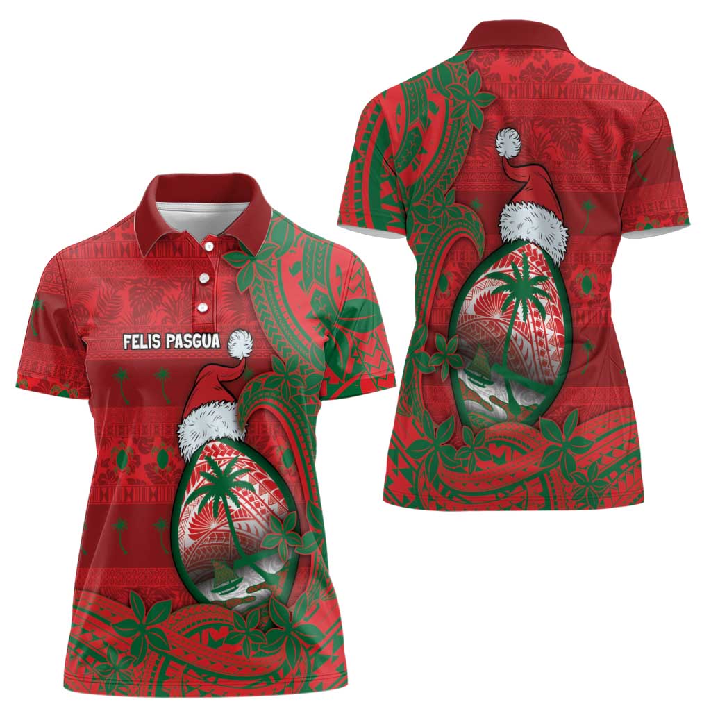 Guam Christmas Women Polo Shirt Chamorro Seal Hat Santa Tribal Waves - Polynesian Pride