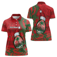 Guam Christmas Women Polo Shirt Chamorro Seal Hat Santa Tribal Waves - Polynesian Pride
