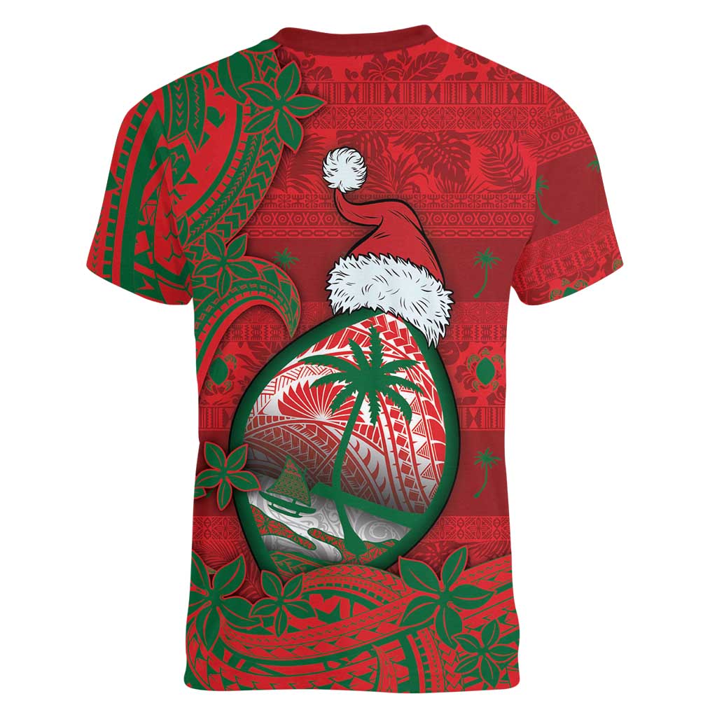 Guam Christmas Women V-Neck T-Shirt Chamorro Seal Hat Santa Tribal Waves - Polynesian Pride