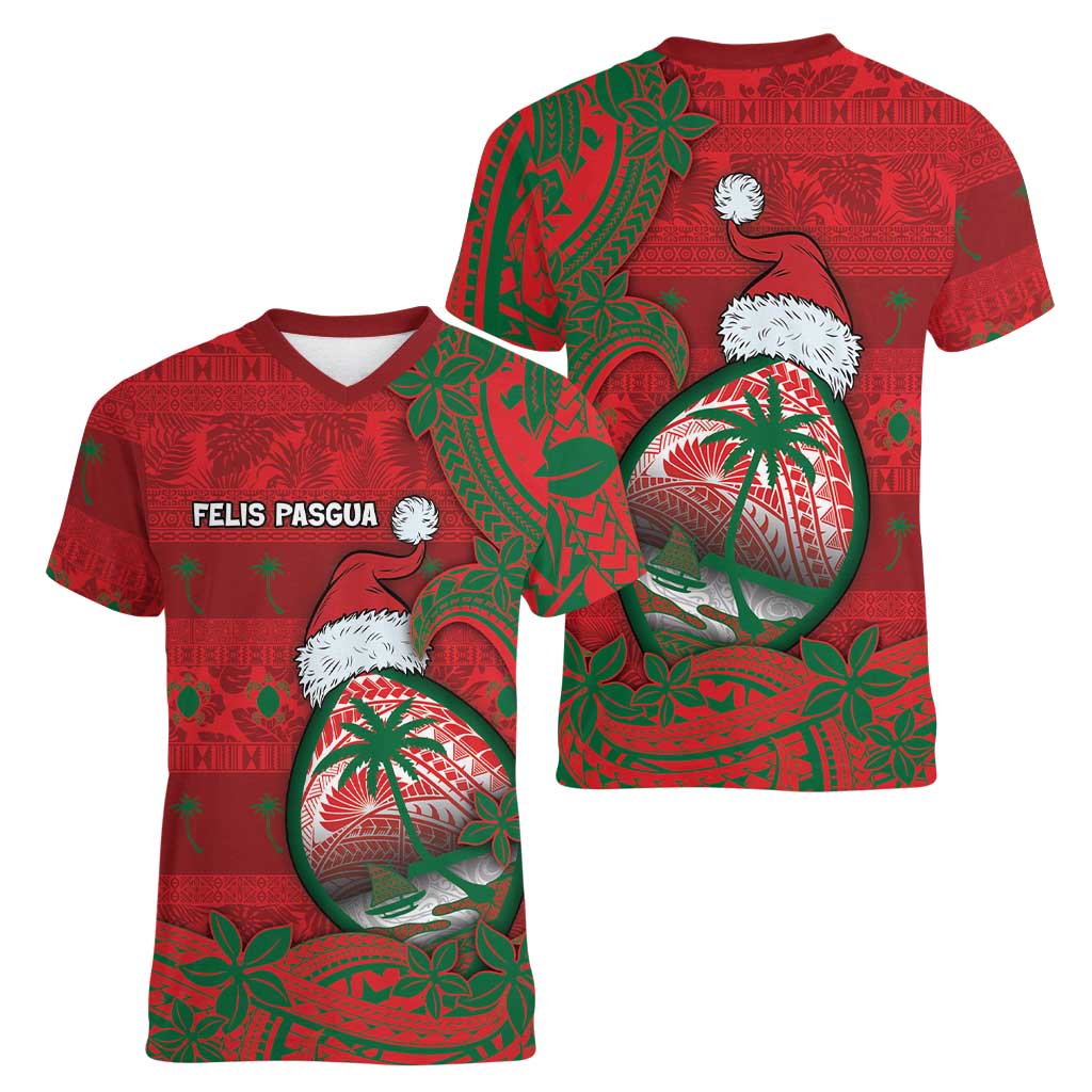 Guam Christmas Women V-Neck T-Shirt Chamorro Seal Hat Santa Tribal Waves - Polynesian Pride