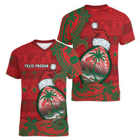 Guam Christmas Women V-Neck T-Shirt Chamorro Seal Hat Santa Tribal Waves - Polynesian Pride