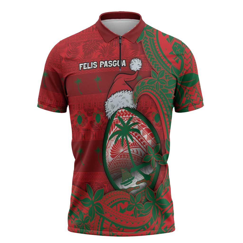 Guam Christmas Zipper Polo Shirt Chamorro Seal Hat Santa Tribal Waves - Polynesian Pride